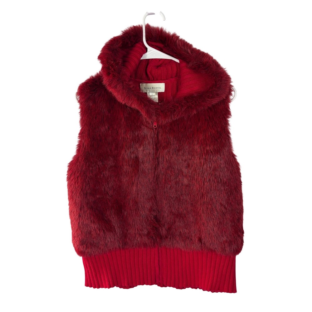 Susan Bristol Red Faux Fur Hooded Zip Up Vest Ribbed Knit Back Womens L